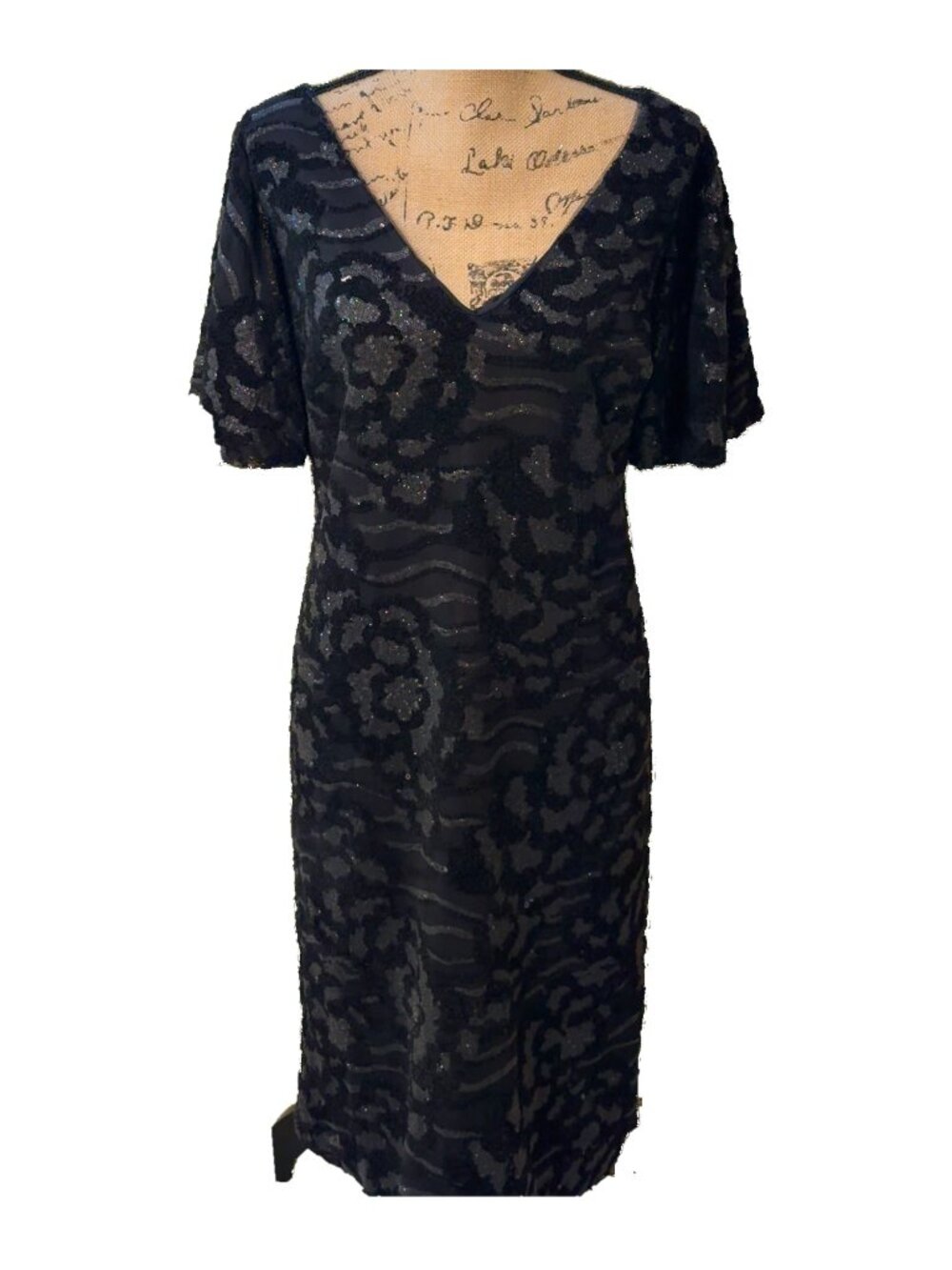 CALVIN KLEIN BLACK SHEATH SEQUINED V-NECK DRESS